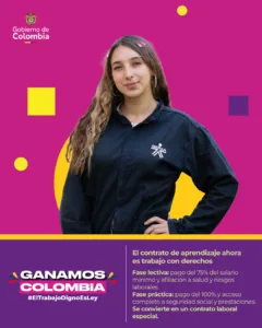 Una joven con uniforme negro y el logo del SENA posa con confianza frente a un fondo magenta vibrante con acentos geométricos en amarillo y morado. La imagen incluye el logo del Gobierno de Colombia y un banner de texto. El banner resalta mejoras en los contratos de aprendizaje, garantizando derechos laborales: en la fase lectiva, los aprendices reciben el 75% del salario mínimo junto con afiliación a salud y riesgos laborales; en la fase práctica, reciben el 100% del pago y acceso a seguridad social y prestaciones. El lema de la campaña, 'Ganamos Colombia,' enfatiza la dignidad y los derechos laborales bajo el hashtag #ElTrabajoDignoEsLey.